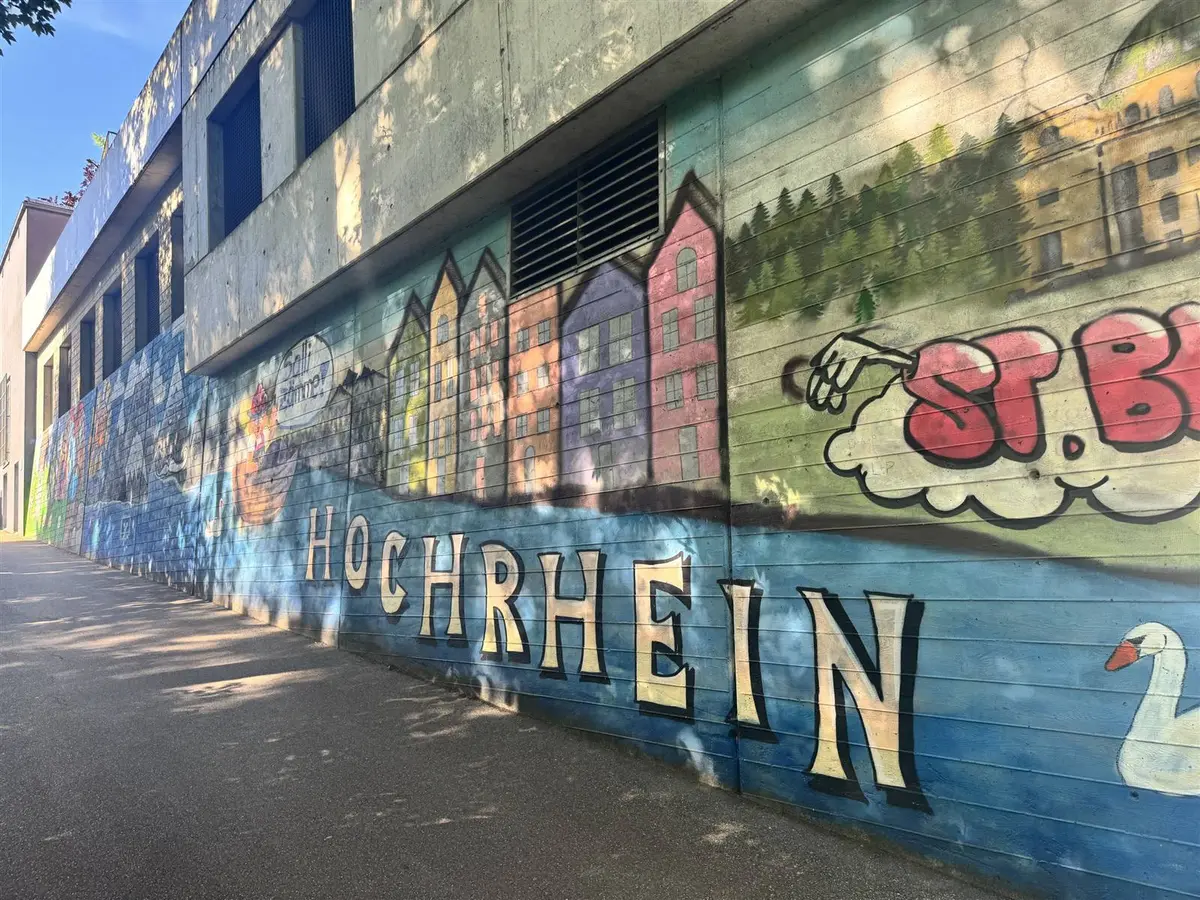 Wandbild mit dem Schriftzug Hochrhein, bunten Häusern und einem Schwan